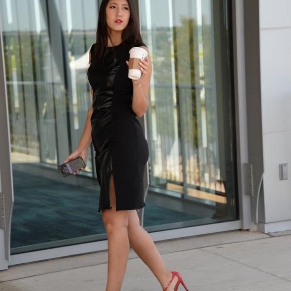 Black Sleeveless Two-Tone Faux Leather Dress - Picture 3 of 4